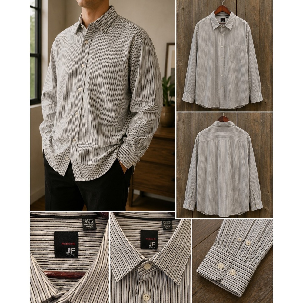 JF J. Ferrar Modern Fit Men's 3XL Tall Gray Black Striped Dress Shirt Button...